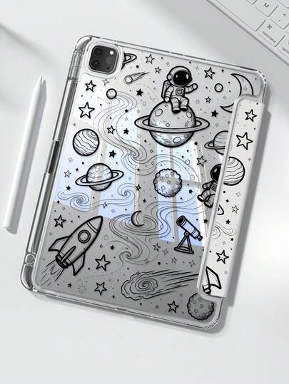 Esta exquisita y adorable funda trasera de cristal transparente de acrílico con doble cara pintada con un astronauta de dibujos animados en el espacio y la luna es resistente a los golpes y duradera, adecuada para iPad de 7.ª, 8.ª y 10.ª generación (10.2 pulgadas). Tiene una ranura integrada para el lápiz, admite la función de suspender/activar y múltiples modos de soporte plegable. Es un gran regalo para las vacaciones.