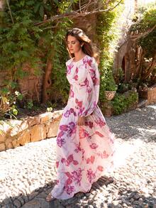Faeriesty 花卉印花优雅雪纺长裙，泡泡袖飘逸裙摆，适合花园派对、户外婚礼和夏季早午餐，度假必备单品。 - 粉色 - 查看 1