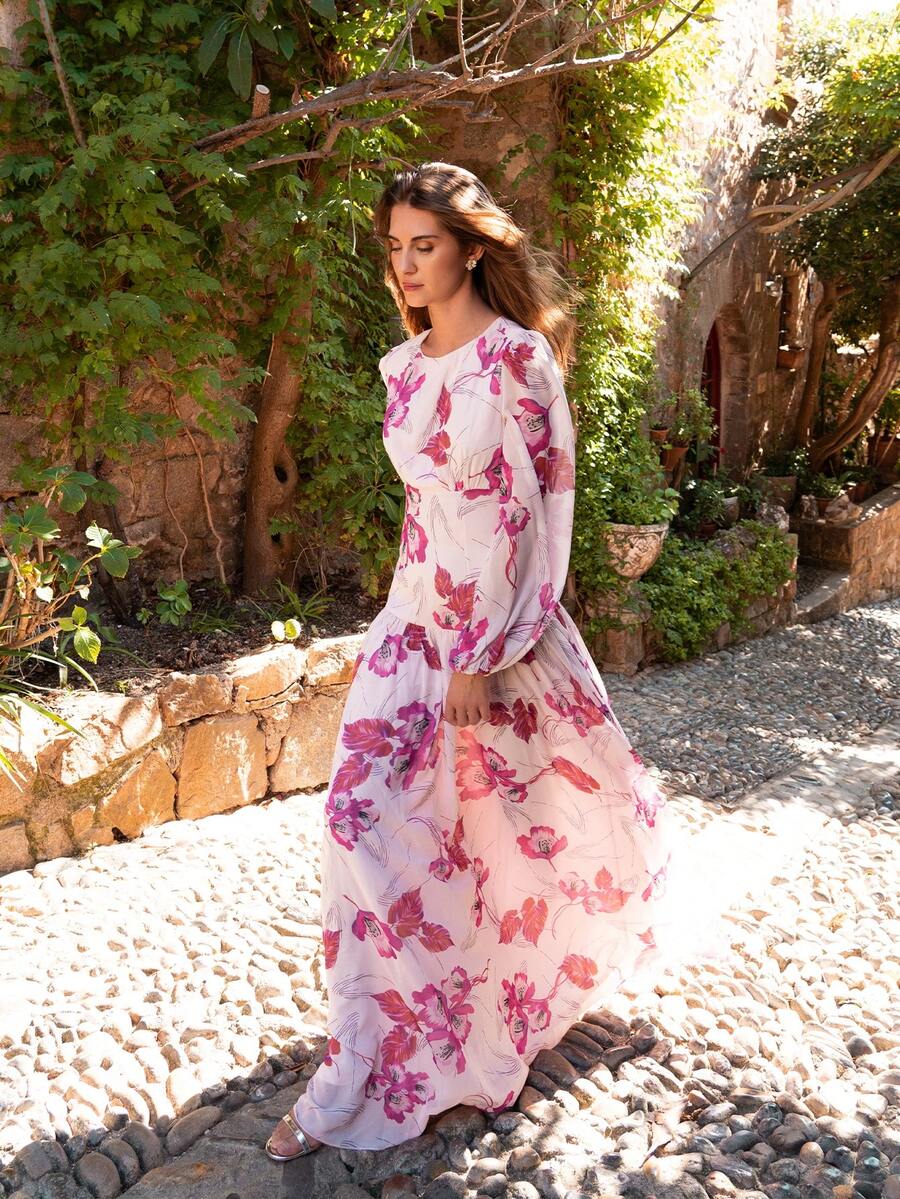 Faeriesty 花卉印花优雅雪纺长裙，泡泡袖飘逸裙摆，适合花园派对、户外婚礼和夏季早午餐，度假必备单品。 - 粉色 - 查看 1