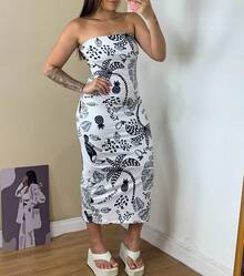 Women's Strapless Dress With Tropical Toucan Print – Elegant Summer Dress - 白色 - 查看 2