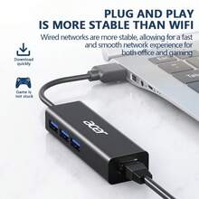 Bộ chuyển đổi Acer 4 trong 1 Type-C có cổng Ethernet RJ45, 3 cổng dữ liệu USB, bộ chia Ethernet 10Gb/S phù hợp cho máy tính xách tay, PC, máy tính bảng, điện thoại, màu trắng HY41-T41 - màu đen - Xem 4