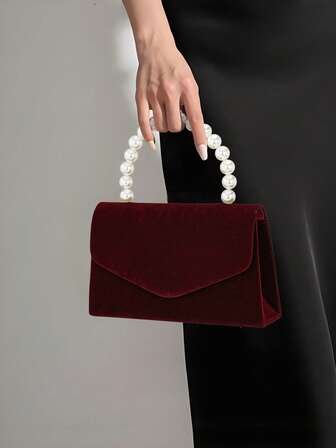 YMI STYLE New Autumn/Winter Women's Fashion Minimalist Design Velvet Flap Box Clutch Bag, White Romantic Pearl Handle, Suitable For Party, Wedding, Prom And Other Formal Events. Ideal For New Year's Outfits, Perfectly Matches Various Women's Party Dresses, Perfect Choice For Gatherings, Weddings, Proms, And Galas. Essential Wedding Accessory