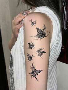 2张女士身体彩绘临时纹身贴纸，优雅的墨水风格蝴蝶图案。防水假纹身，可持续2-5天，可贴于手臂、颈部、肩部、胸部、腰部和腿部。易于粘贴和去除，适合节日、派对、婚礼、送礼和音乐节等场合。 - 黑色 - 查看 2