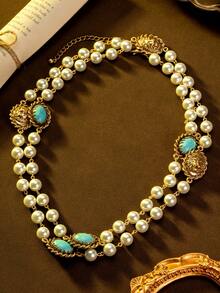 1 Set de joyería de moda para mujer: 1 par de aretes + 1 collar, aleación de cobre mezclada con turquesa azul, diseño de león, estilo elegante y regio, adecuado para banquetes, fiestas y uso en días festivos - Multicolor - Ver 7