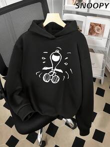 SNOOPY 女士连帽卡通图案休闲百搭日常通勤长袖家居服 - 黑色 - 查看 1
