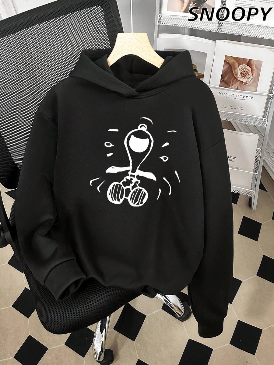 SNOOPY 女士连帽卡通图案休闲百搭日常通勤长袖家居服 - 黑色 - 查看 1