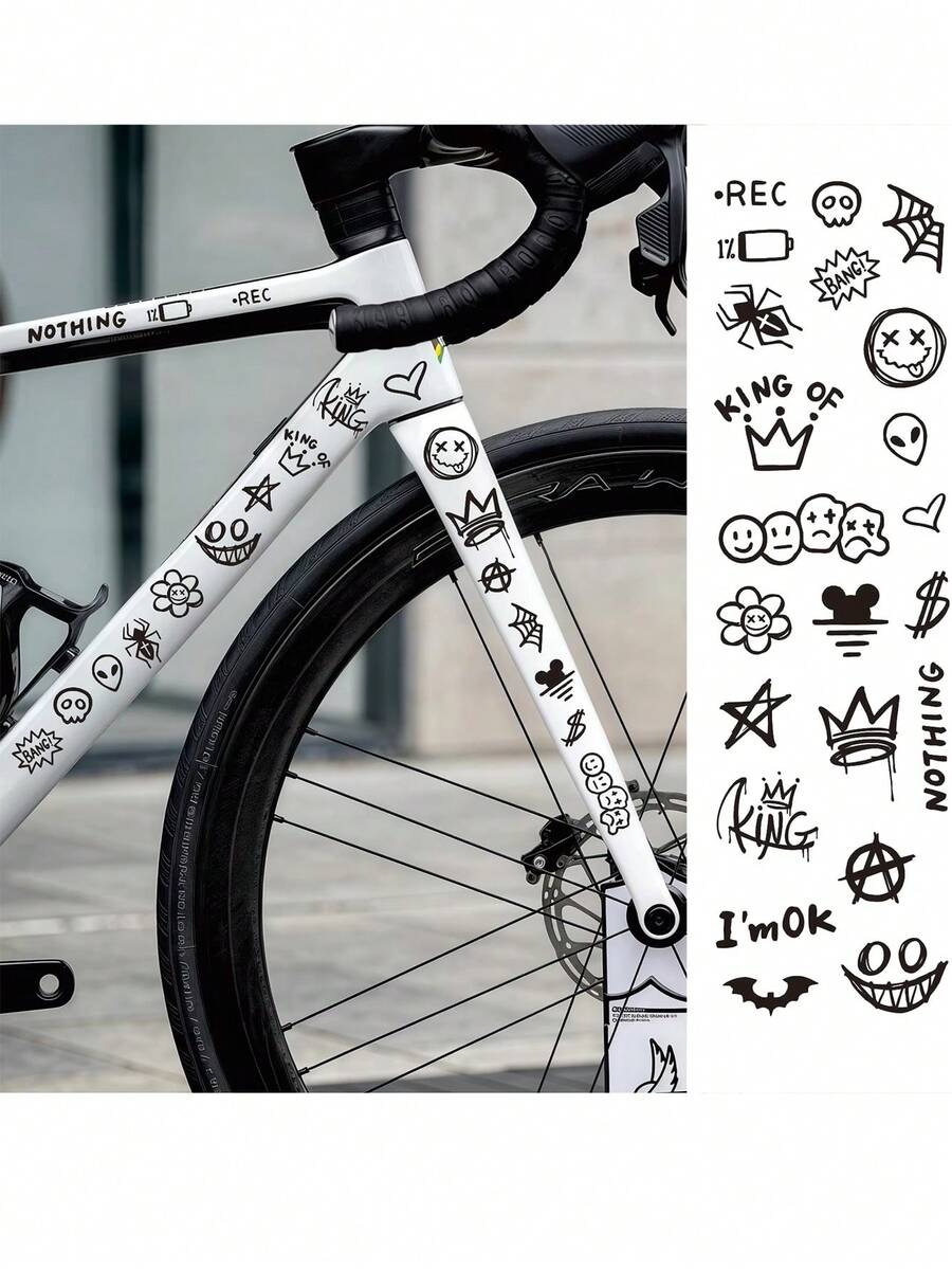 涂鸦自行车贴纸，适用于自行车车架上管，卡通DIY反光防水自行车贴纸，公路自行车车架贴纸 - 彩色 - 查看 1