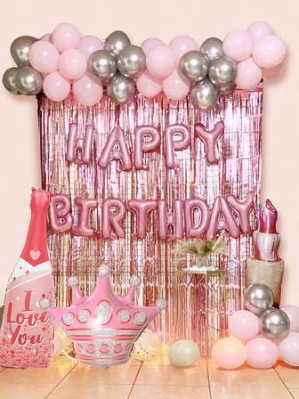 58pcs/Set Pink Birthday Decoration Balloon Kit, Includes Pink Tassel Curtain, Happy Birthday Banner, Wine Bottle, Lipstick & Crown Foil Balloons, Birthday Party Decor For Girls, Suitable For Birthday Party, Valentine's Day Party, Pink Theme Party