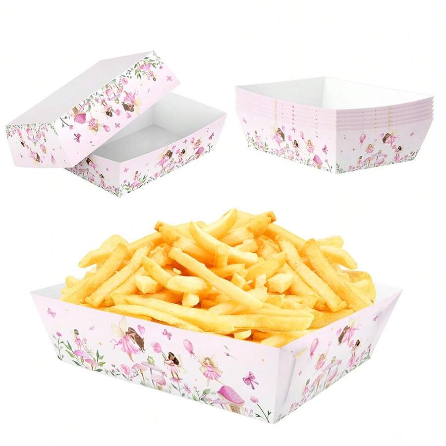 6pcs/12pcs Fairy Theme Food Trays, Fries & Snack Boxes, Suitable For Princess & Fairy Theme Birthday Party, Wedding Supplies, Spring Outdoor Decor