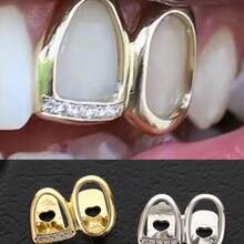 1 pieza Grillz con microincrustaciones de circonita, estilo hip hop chapado en oro de doble diente - Multicolor - Ver 2
