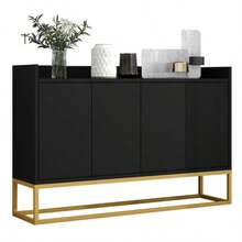 Modern Minimalist Sideboard, 4-Door Handleless Buffet For Dining Room, Living Room, Kitchen (Black) - Black - View 6