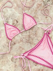 Women's Colorblock Ruffle Trim Bikini Set, Featuring Adjustable Triangle Cups And Tie Design, Suitable For Beach Vacation And Retro Style Summer - Hot Pink - View 6