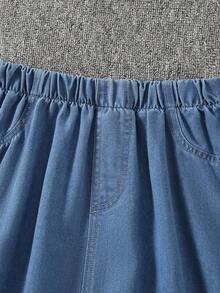 2件套 女童户外法式复古休闲可爱甜美优雅简约时尚别致蓝色纽扣牛仔上衣和松紧腰假口袋设计A字牛仔裙套装