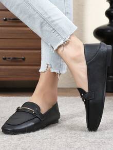 Women's Square Toe Flat Heel Slip-On Loafers, Work Shoes, New 2026 Spring/Autumn, Thick Sole Soft Bottom Moccasins, Plus Size - Black - View 2
