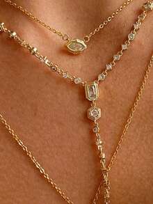 rundraw Bộ 1/3 dây chuyền đồng mạ vàng mới, mặt dây chuyền đá Cubic Zirconia lấp lánh tối giản, thích hợp cho phụ nữ và bé gái đeo đi dự tiệc và đám cưới. - Vàng - Xem 1
