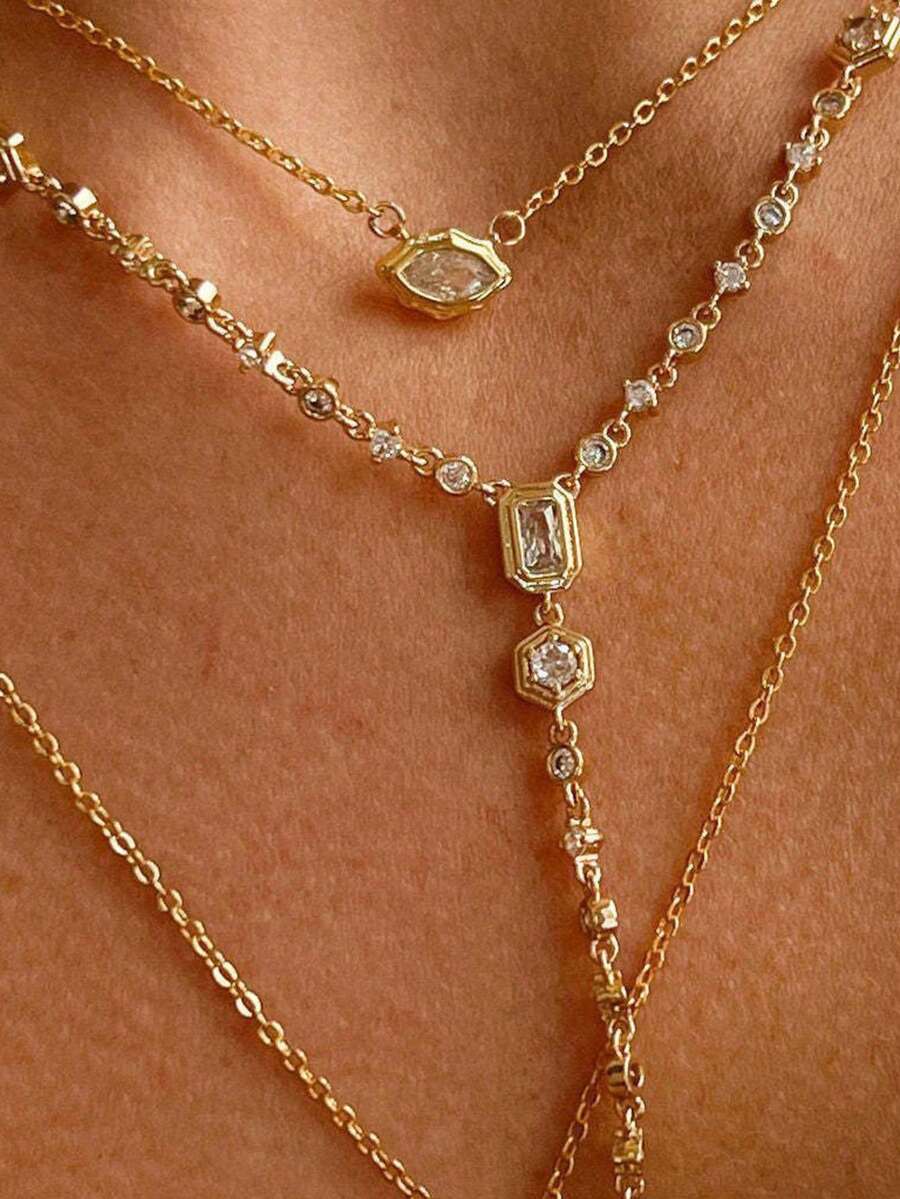 rundraw Bộ 1/3 dây chuyền đồng mạ vàng mới, mặt dây chuyền đá Cubic Zirconia lấp lánh tối giản, thích hợp cho phụ nữ và bé gái đeo đi dự tiệc và đám cưới. - Vàng - Xem 1