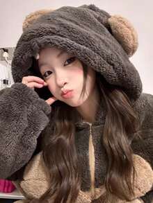 1件舒适毛绒棕熊连帽拉链连体衣，可爱甜美女士睡衣 - 彩色 - 查看 8