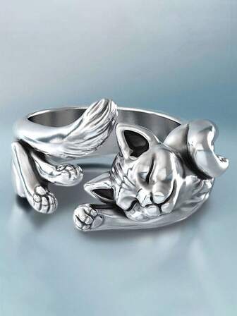 1枚复古镀金镂空猫图腾可调节戒指，独特几何锆石镶嵌时尚个性化女士戒指