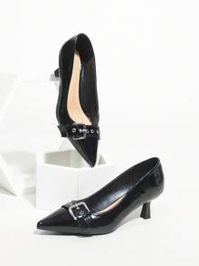 Schwarze spitze Kitten Heel elegante Slip-On Kleiderschuhe, Urlaubsessenzial - Schwarz - Übersicht 6