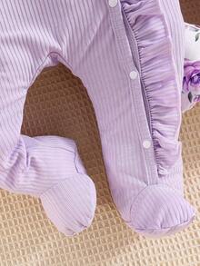 3pcs Newborn Baby Girls' Casual Floral Print & Solid Color Button Long Sleeve Romper, Suitable For Toddlers Daily Wear - Purple - View 6