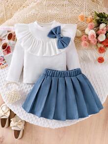 2pcs/Set Girls Ribbed Bow Decor Top And Corduroy Pleated Skirt Suit, Stylish School Look, Spring/Autumn - Blue - View 2