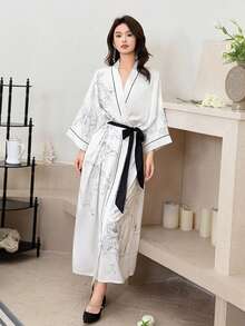 Retro Mid-Length New Chinese Style Minimalist Elegant Fashion Printed Kimono Cardigan, Casual Homewear Tie-Waist Robe, Lightweight Summer Beach Swimsuit Cover-Up, Thin Jacket
