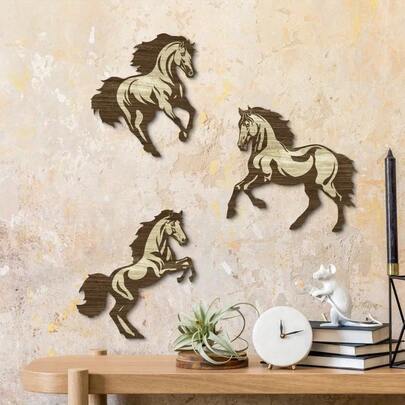 [2D Flat] Putuo Decoration 3pcs Horse-Shaped Wooden Sign Wall Stickers, Wall Art Decoration, Suitable For Home Farmhouse Coffee Shop Living Room Office Studio Bar Cafe Club