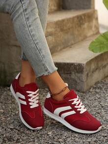 大码女式时尚运动鞋，红色撞色系带休闲平底舒适运动鞋 - 紅色 - 查看 7