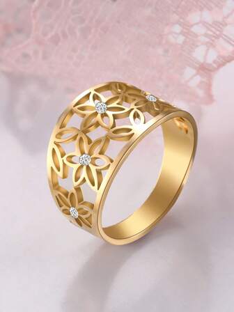 1pc Women's Stainless Steel Hollow Out Natural Flower Ring, Delicate Vintage Jewelry Finger Ring Accessory For Romantic Holiday Gift Valentines