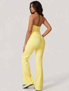 NcmRyu 1 Set Women's Sexy Halter Deep V-Neck Backless Shaping Flared Sports Suit - Yellow - View 3