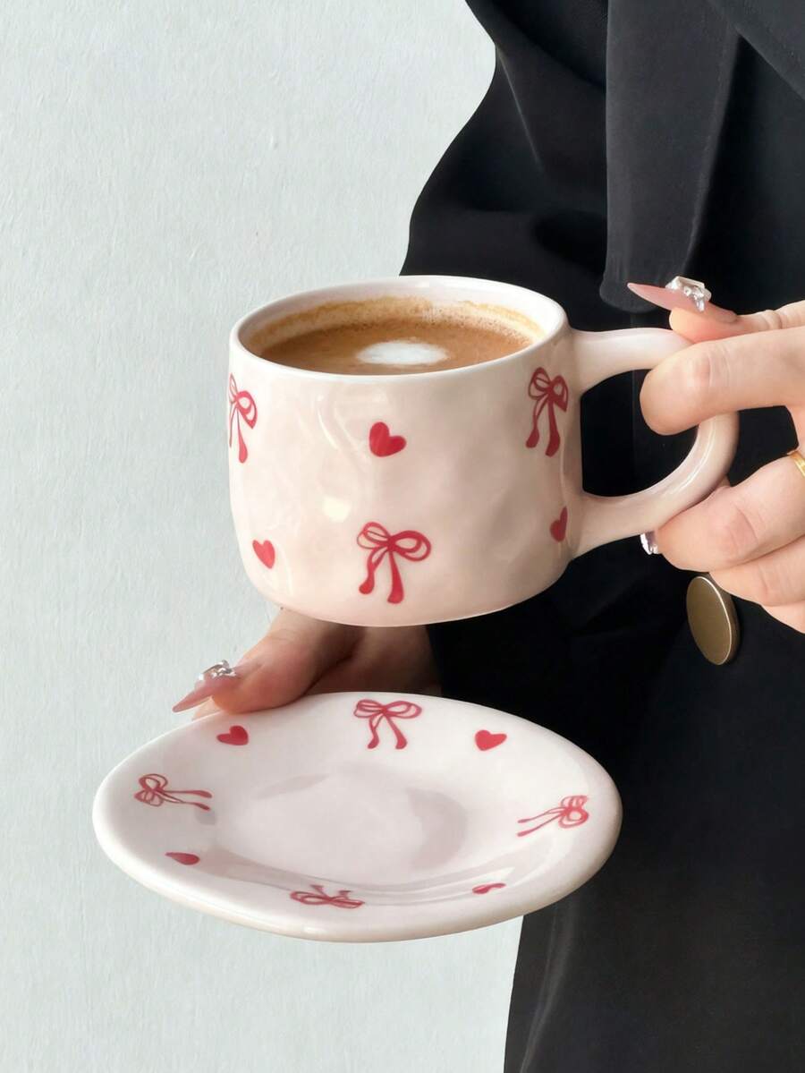 Conjunto de 1 xícara e pires de cerâmica com laço rosa, elegante xícara e pires de cerâmica floral, delicada xícara para chá da tarde, xícara para leite no café da manhã em casa, xícara para água, xícara para suco, xícara para café no escritório, xícara para café saudita, xícara para presente - Multicolorido - Ver 1