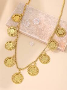 1pc 9pcs Coin Shaped Necklace, Vintage Palace Style Fashion Pendant Necklace, Suitable For Wedding, Party, Evening Wear - Gold - View 5