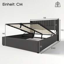Storage Bed, Upholstered Bed, Hydraulic Double Bed 140x200cm, Wooden Slatted Base, Bed With Metal Slatted Base, Linen, Grey (With Mattress) - Gray + Linen - View 9