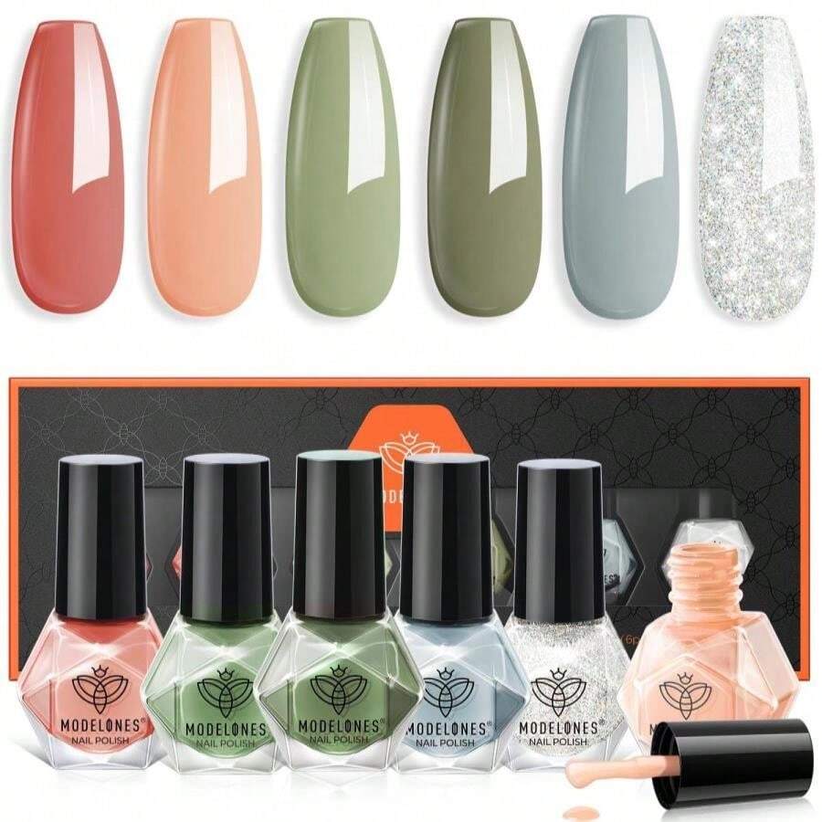 Modelones Nail Polish Set 6 Colors Green Blue Nude Glitter Nail Polish Kit Quick Dry Finger Mini Bulk Manicure DIY Nail Art Salon Home Gifts For Women Girls - ColorA - 查看 1