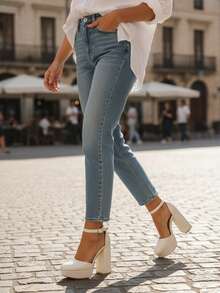 Zapatillas altas para mujer, tacón alto ancho, cerradas, con correa tobillo, punta redonda, para eventos, fiestas, bodas, cómodas, hebilla redonda. Primavera-Verano - Blanco - Ver 3