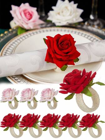 4 piezas Anillos de servilleta con rosas de San Valentín, anillos de servilleta con rosas realistas, anillos de servilleta con flores hechas a mano, anillos de servilleta rojos, rosas y blancos para bodas, adecuados para decoración de mesa, ideales para fiestas de San Valentín, decoración de San Valentín, regalos de San Valentín y crear un ambiente romántico en la mesa del comedor.