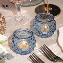 6-Piece Blue Prayer Candle Holder Set-Green Glass Tea Light Holders, Vintage Prayer Candle Holders For Weddings, Baby Showers, Home Decor, Thanksgiving, And Christmas - 藍色 - 查看 5