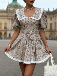 秋夏女装时尚优雅浪漫商务休闲度假简约日常休闲花卉设计袖口纽扣设计荷叶边系带腰带泡泡袖娃娃领圆领连衣裙，飘逸连衣裙，基本款连衣裙，女士外出服，女士教师服，开学服，返校服