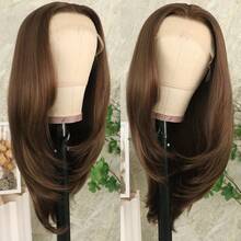 13X4 Brown Layered Wigs HD Lace Front Wigs HD Lace Frontal Wigs Short Curly Lace Front Wig Pre Plucked Glueless Layered Straight Wig Breathable Cap Easy Install Wig Free Part Heat Resistant Fiber Wig For Women For Party Vacation Daily Used 22 Inch - Light Brown - 查看 3