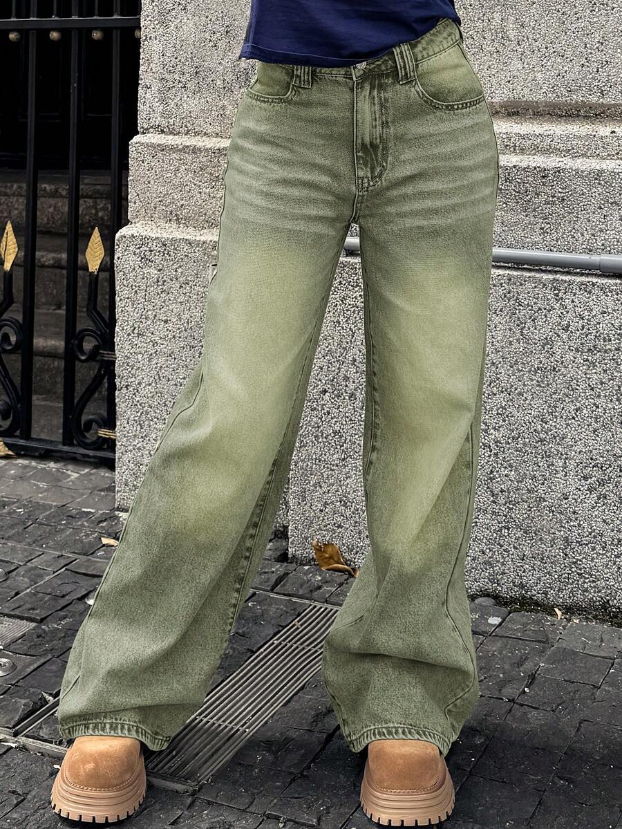 Women's Moss Green Y2K Retro High-Waisted Straight Leg Jeans - Versatile All-Match Spring/Summer Fashion Pants