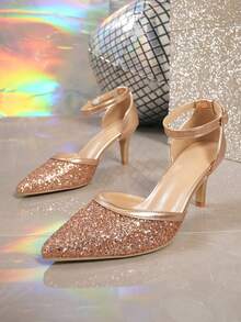 Giày cao gót mũi nhọn một quai đính sequin dành cho nữ - Rượu sâm banh - Xem 7