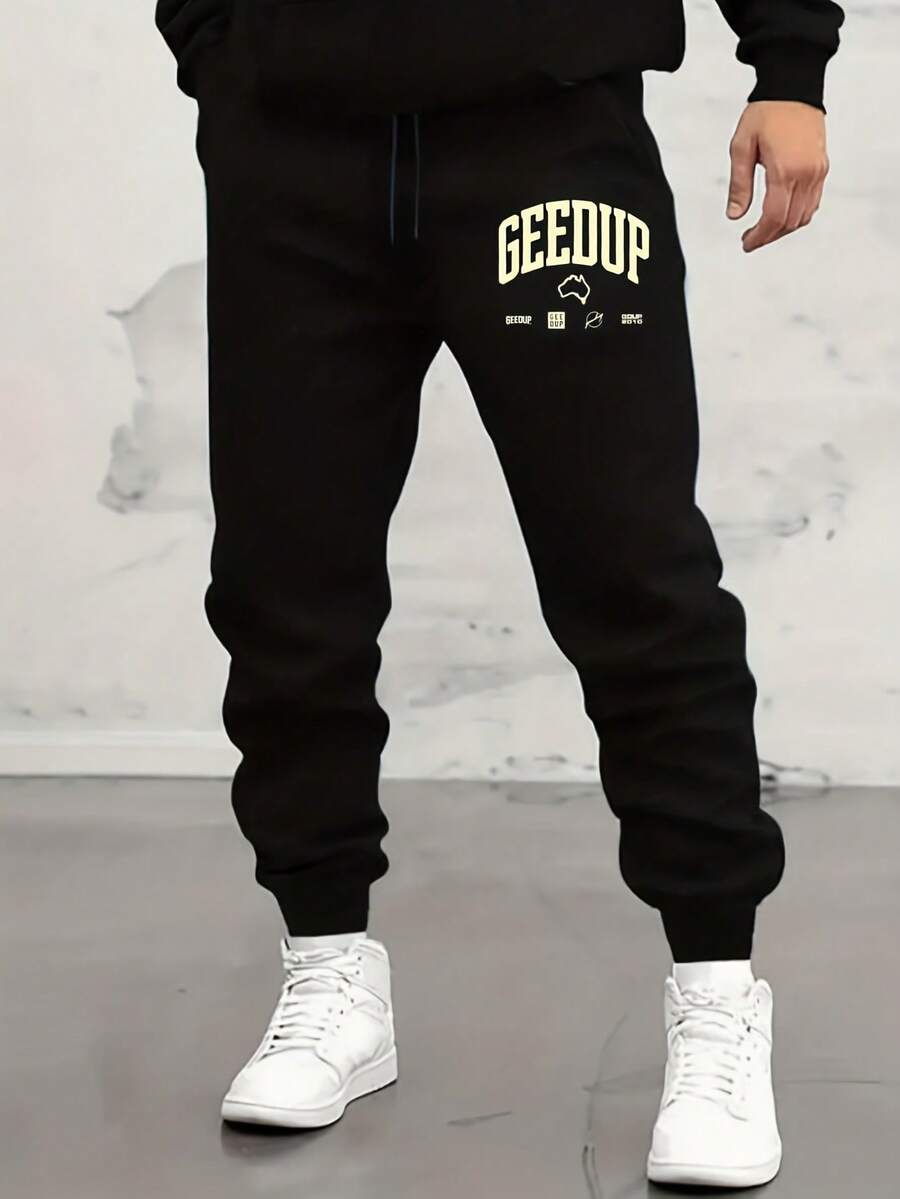Men's Fashion GEEDUP Printed Trousers With Drawstring, Polyester Fabric, Machine Washable - Sports Style - Black - View 1