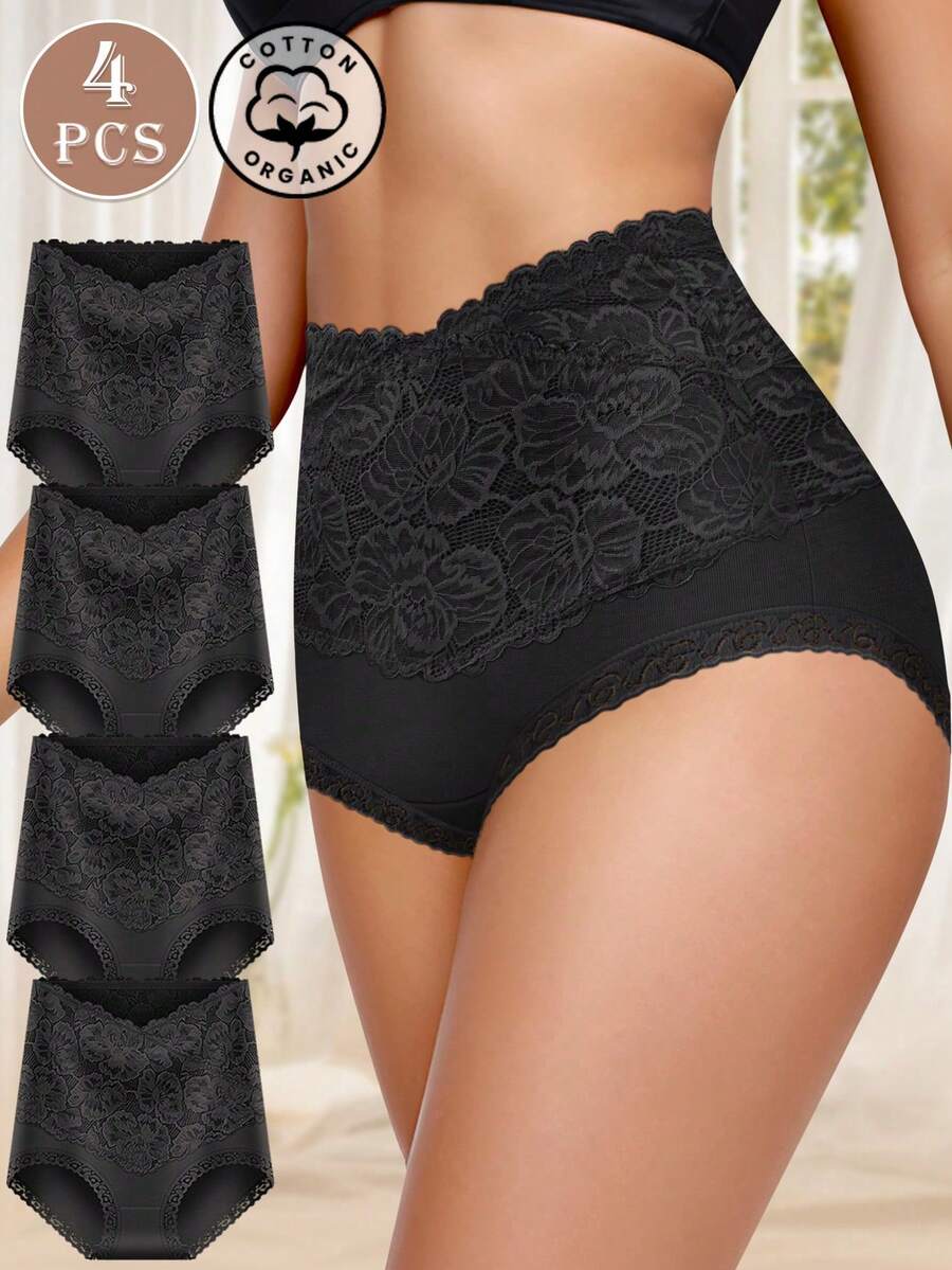 MEIYATING 4 件套女士高腰塑身提花图案内裤，舒适修身，蕾丝花边