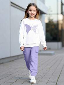 2pcs/Set Tween GirlsSpring/Autumn Long Sleeve Sweatshirt & Cargo Pants Set, Butterfly & Letter Print, Casual, Comfortable, Fashion - Mauve Purple - View 2