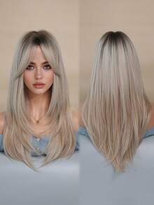 7JHH WIGS Elegant 24-Inch Long Blonde Ombre Layered Wig With Curtain Bangs For Women Daily Wear, Natural Synthetic Heat Resistant Fiber Hair, Middle Part Loose Wave White Golden Wigs For Music Festival Use, Mather's Day Gift Wig Accessories - 亞麻金 - 查看 5