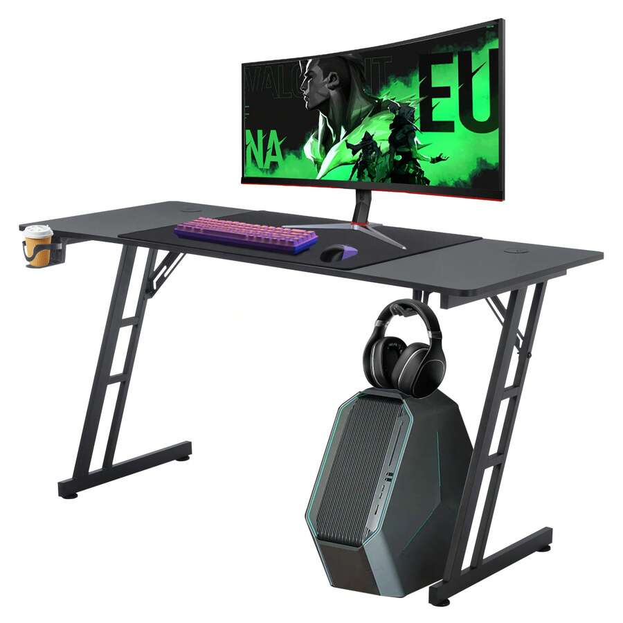 Gaming Desk 120 X 60 Cm, Computer Table With Headphone Holder And Cup Holder, Stable PC Desk And Workspace - Black - View 1