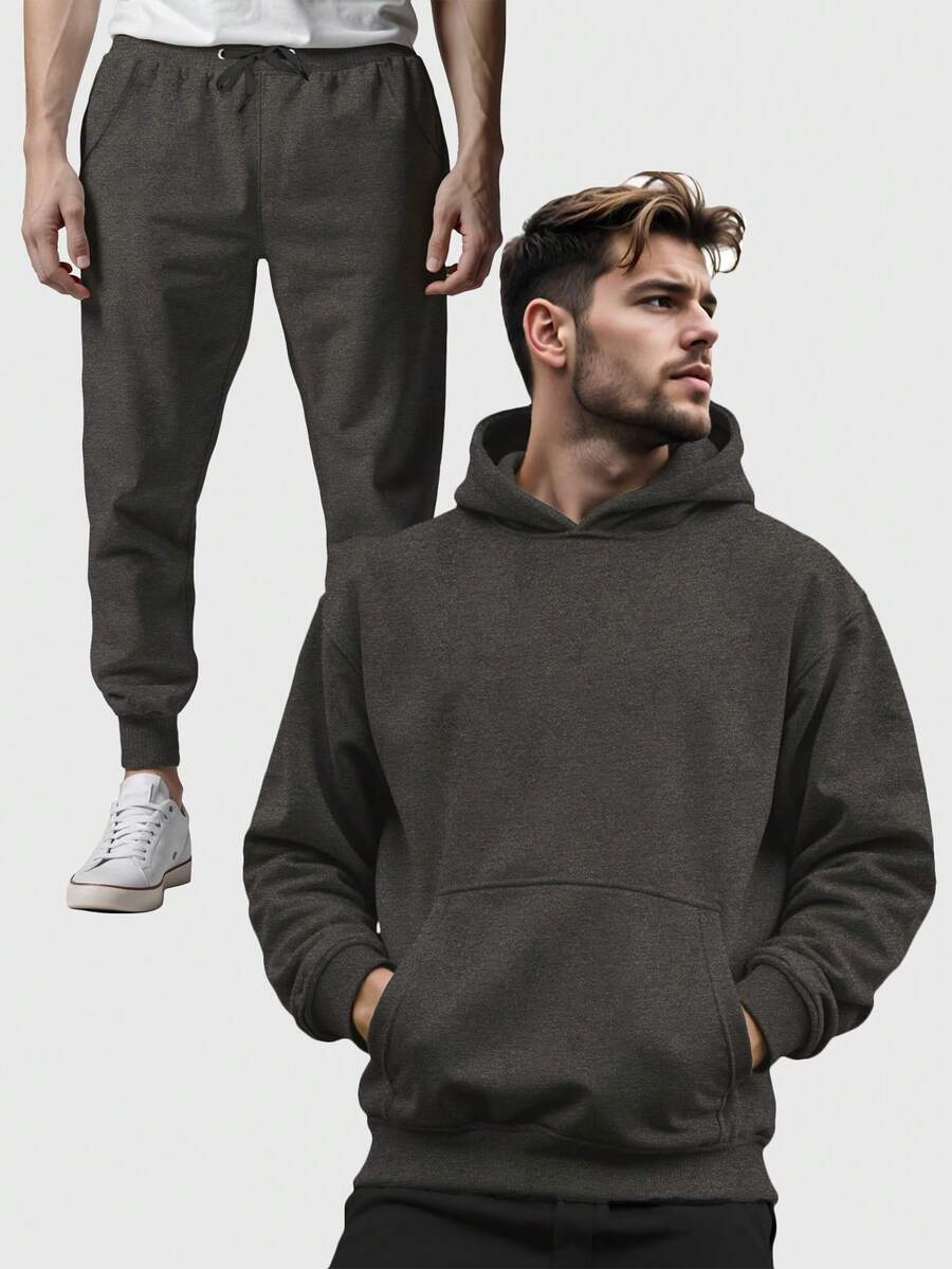 Conjunto Masculino de Moletom Canguru Liso com Bolso Capuz e Calça Flanelado Quente