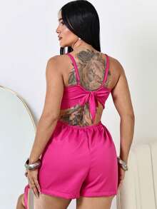 Women's Tailored Jumpsuit With Elegant Short Skirt - 玫瑰紅 - 查看 2