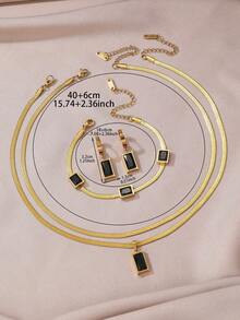 Ensemble de bijoux 4 pièces élégant et à la mode en acier inoxydable plaqué or avec pendentif rectangulaire en zircone verte, collier, bracelet et boucles d'oreilles, convient pour le port quotidien des femmes, les fêtes, les mariages, la fête des enseignants et autres occasions, cadeau de bijoux à la mode - or noir - Voir 5