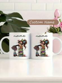 1个可定制姓名的陶瓷马克杯，书虫主题咖啡杯，可定制文字 - 优雅的书堆设计 - 适合女性、学生、教师、作家 - 仅限手洗 - 理想的文学纪念品、教师节礼物、趣味插图、抛光表面、专为读者设计、适合家庭或咖啡馆使用、咖啡吧配件、适合情人节 - 多色 - 查看 8